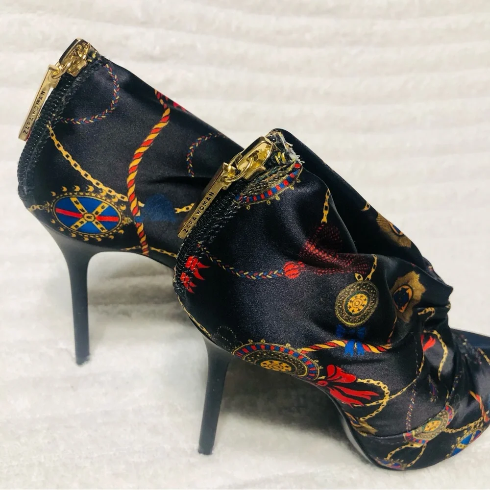 ZARA Black Ankle Boots Multi Scarf Print Satin Bootie Heels. Size 36 - Picture 12 of 14